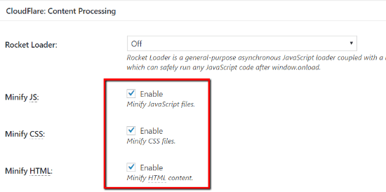 Turn On CloudFlare Minify